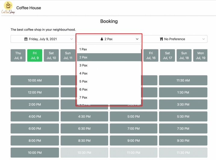 online reservation select party size