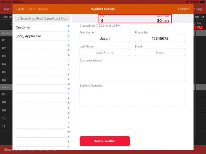 modify party size estimated time waitlist