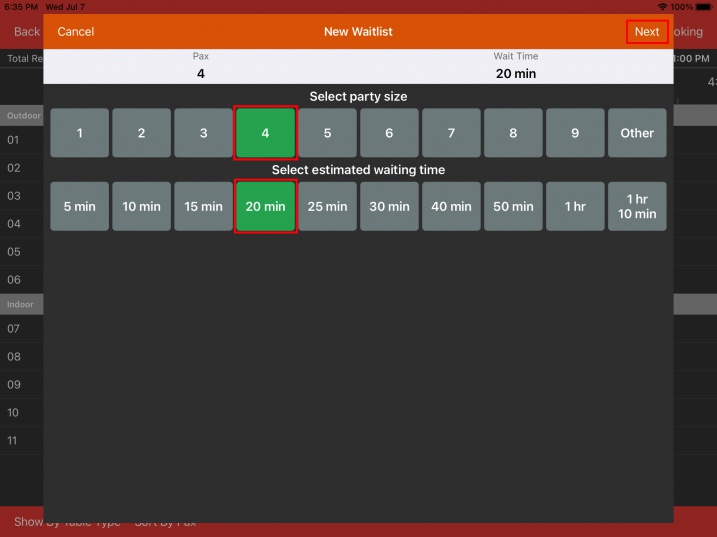 party size estimated waiting time waitlist