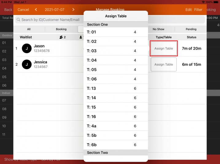 assign table seating waitlist