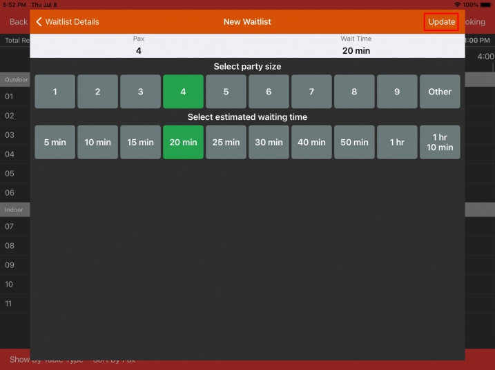 modify party size estimated time waitlist interface