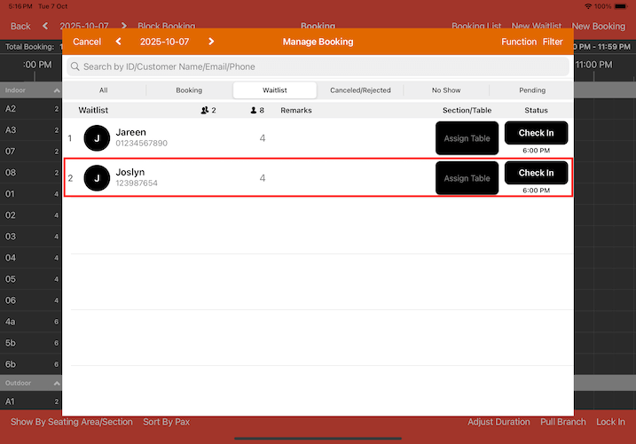 mobipos ipad booking list