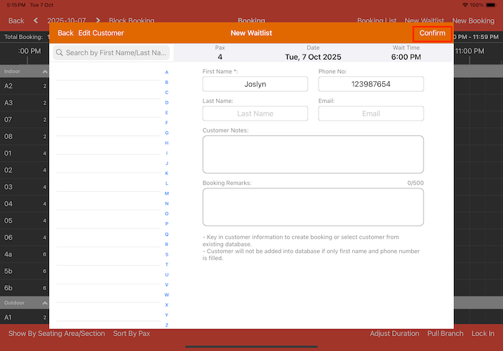 mobipos ipad new waitlist customer details