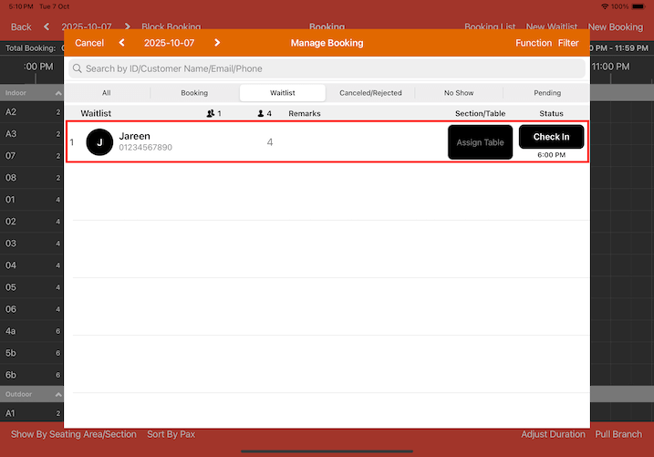 mobipos ipad booking list