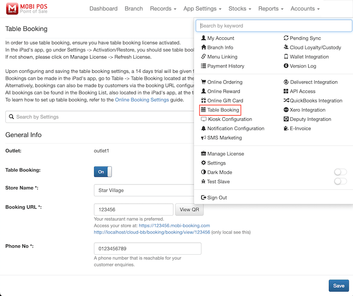 mobipos table booking setting tab