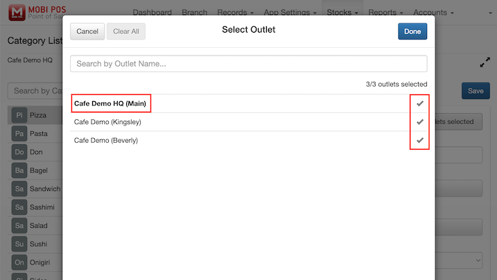 mobi pos menu linking branch selection existing product disabled tick