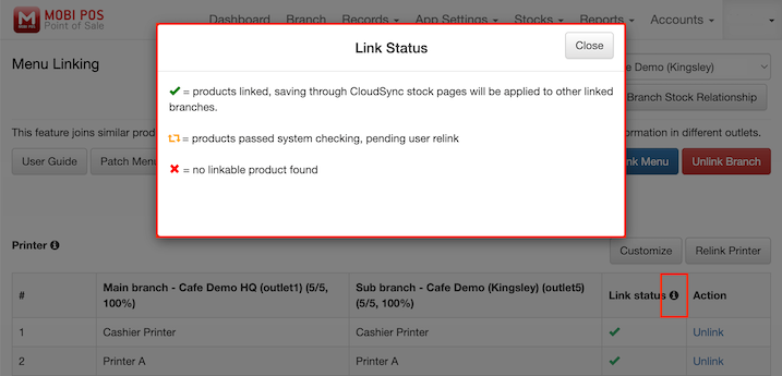 mobipos menu linking link status info green orange red