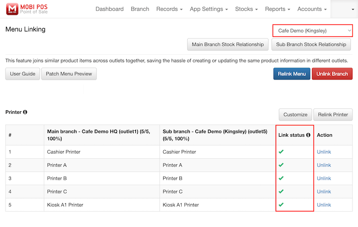mobipos menu linking linked branch show link status