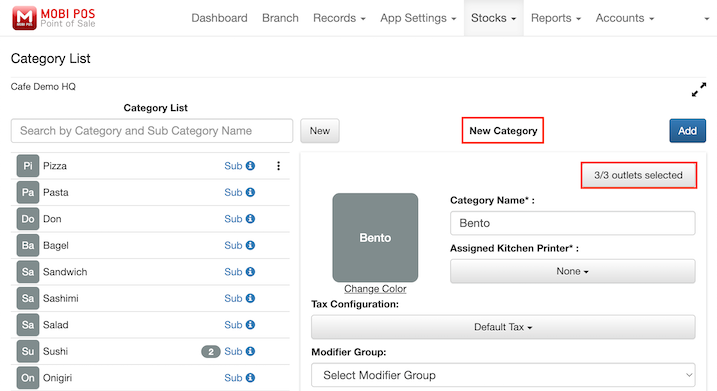 mobipos menu linking new category for linked branch auto select all branch