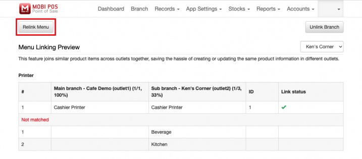 mobi pos menu linking relink menu button