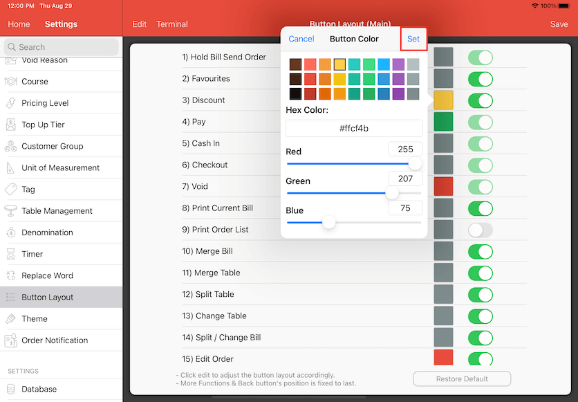 pos system button layout color change settings