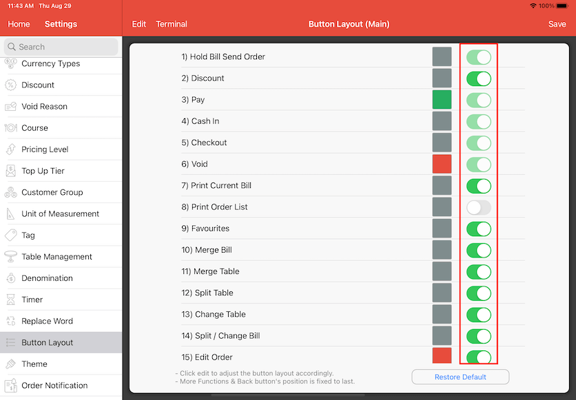 pos system edit button display settings