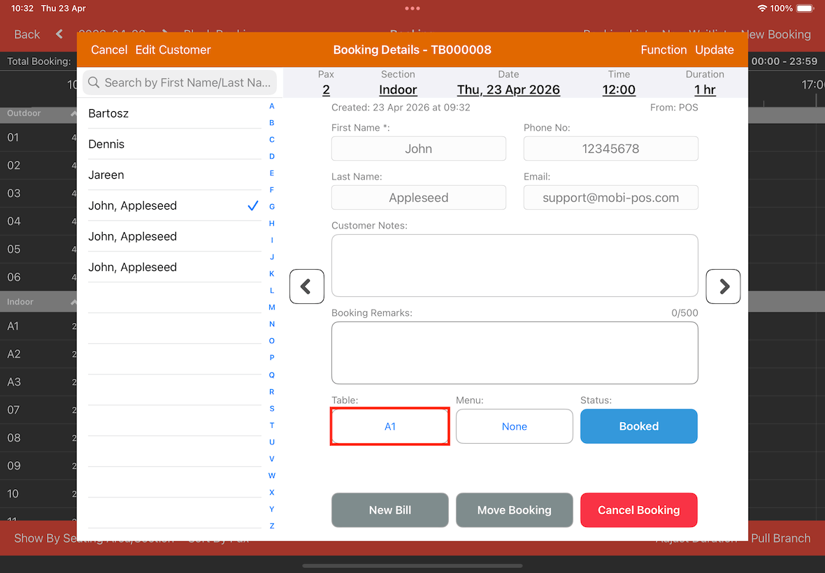 booking details table button