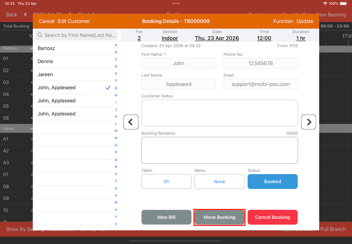 move booking button