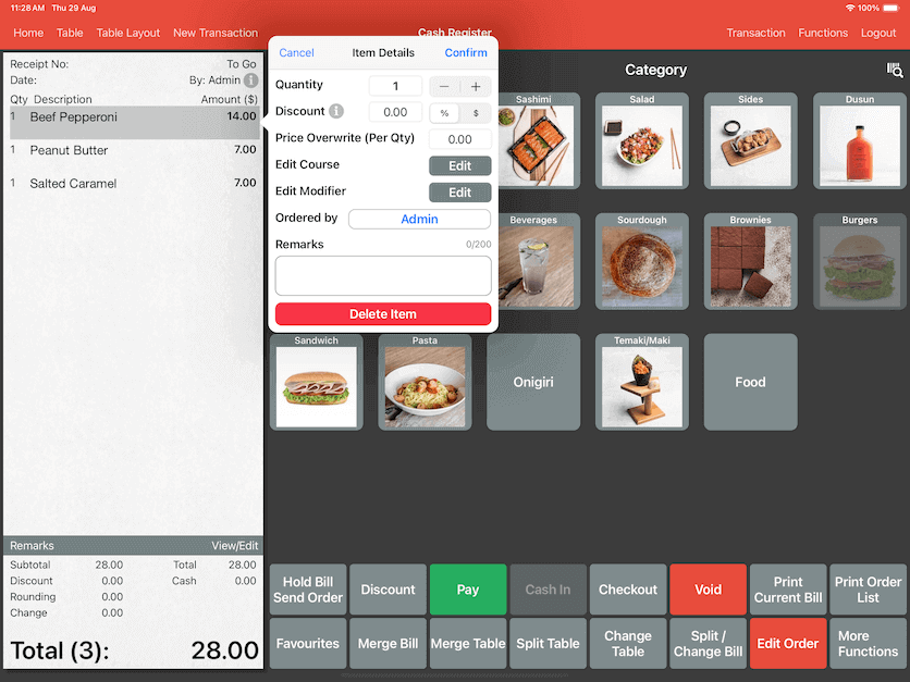 mobi pos system order details quantity