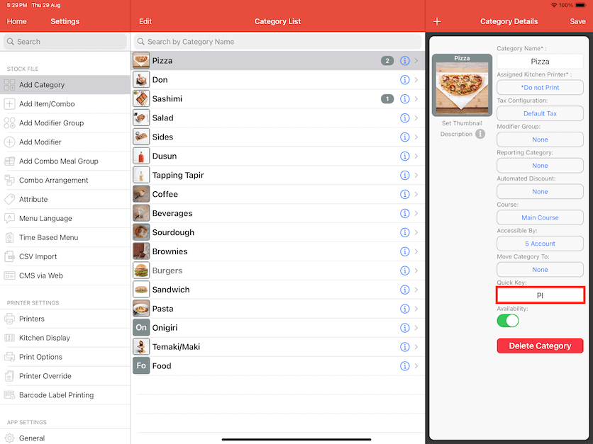 pos system category quick key settings