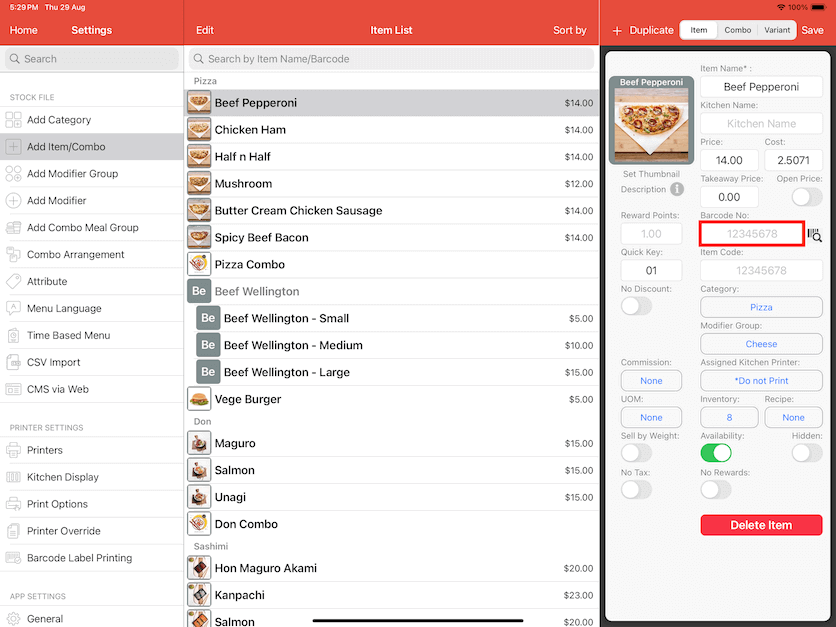 pos system item barcode settings