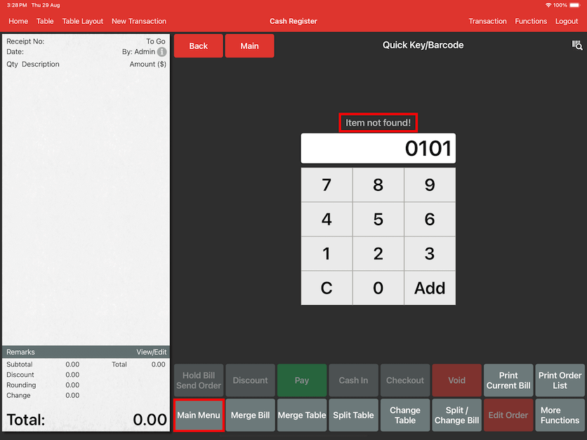 pos system quick key item not found settings