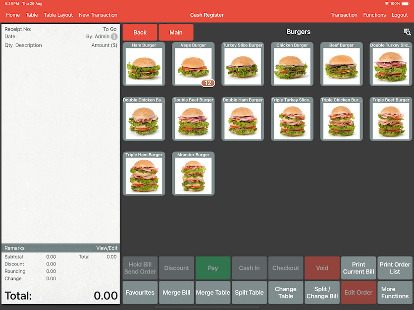 pos system menu gesture burger items settings