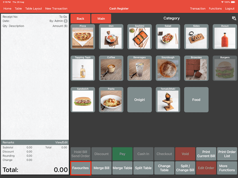 pos system menu gesture cash register favourite settings