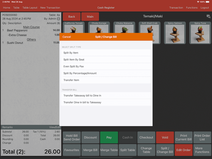 pos system split transfer bill