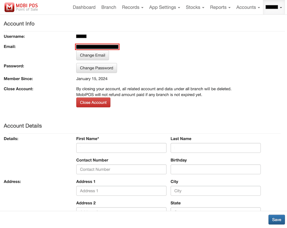 mobi-pos account information with updated email