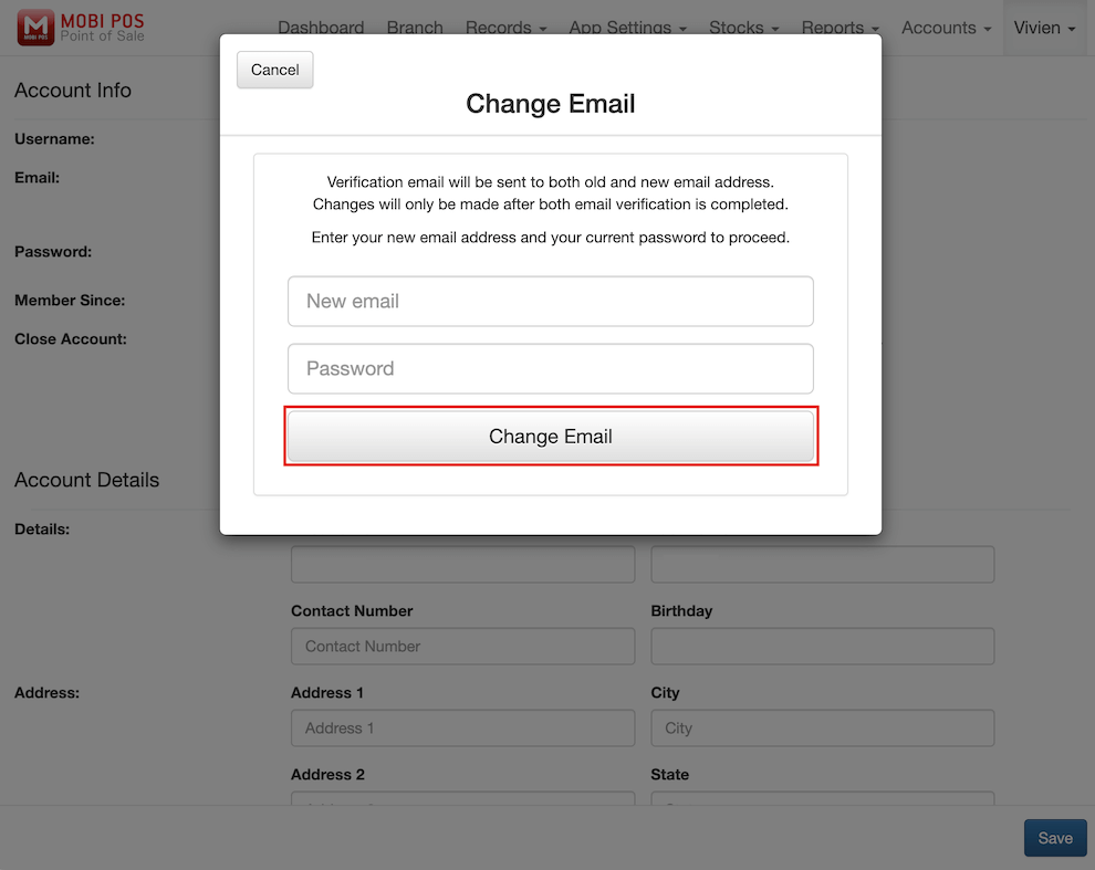 mobi-pos change email of the account
