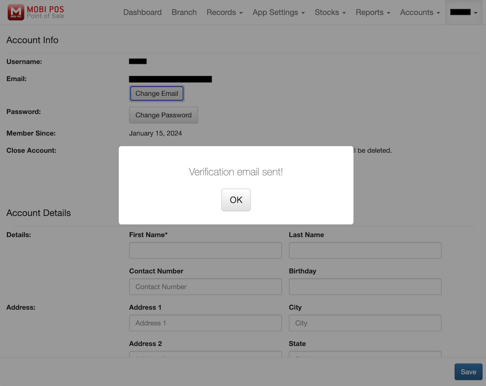 mobi-pos change email verification pop-up