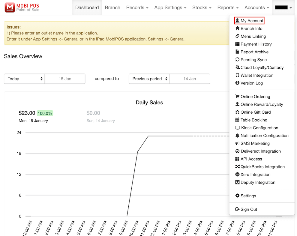 mobi-pos dashboard account drop-down listing