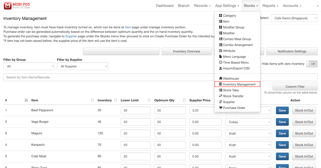 pos system homepage inventory management home page