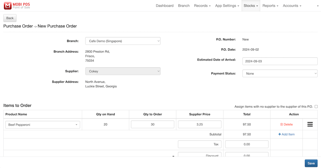 pos system purchase order inventory management settings