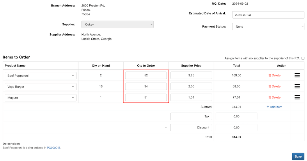 pos system supplier purchase order settings