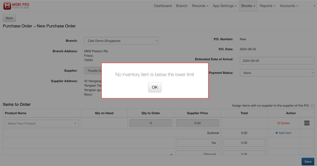 pos system supplier below lower limit