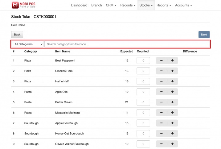 mobipos cloudsync new stock take search by name or barcode