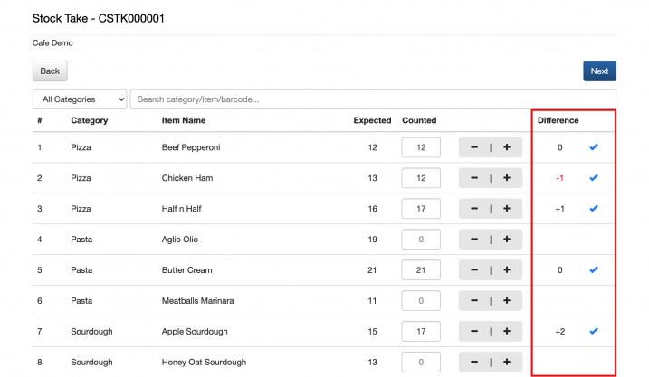 mobipos cloudsync stock take calculate difference