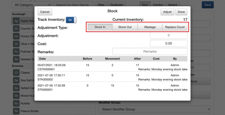 mobipos cloudsync stock take select adjustment type