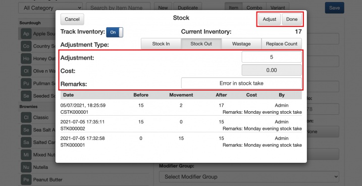 mobipos cloudsync stock take  adjustment insert count adjustment and remarks