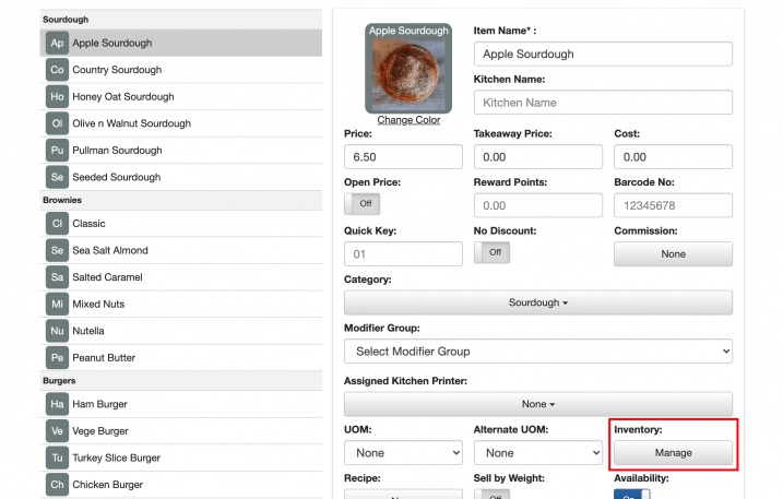 mobipos cloudsync item page select inventory 