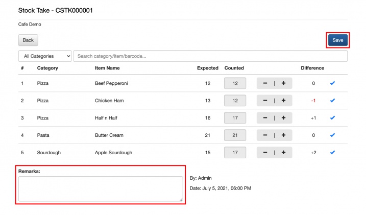 mobipos cloudsync stock take insert remarks and save