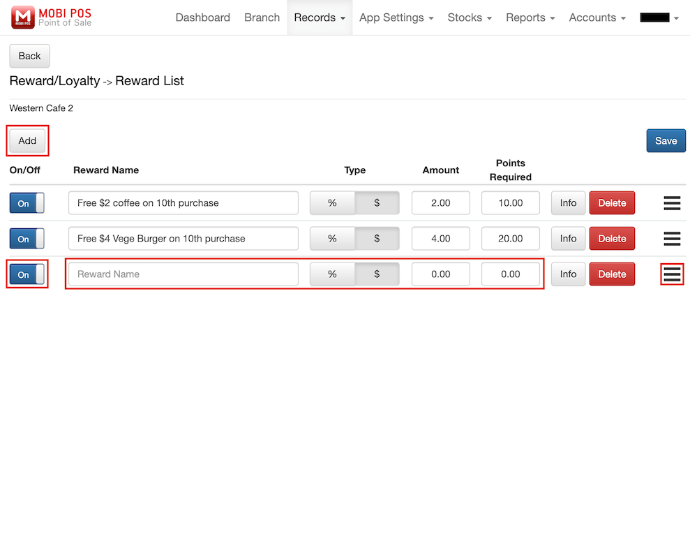mobi-pos add reward list