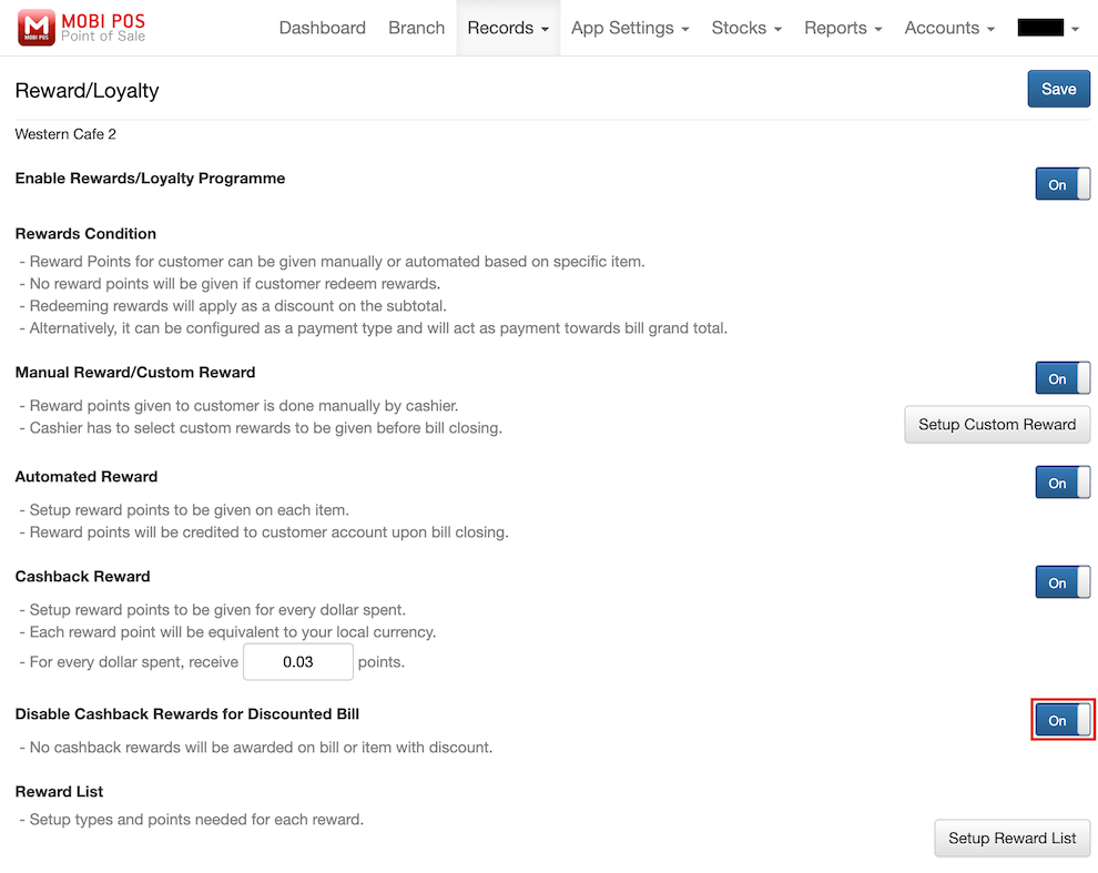 mobi-pos disable cashback for discounted bills