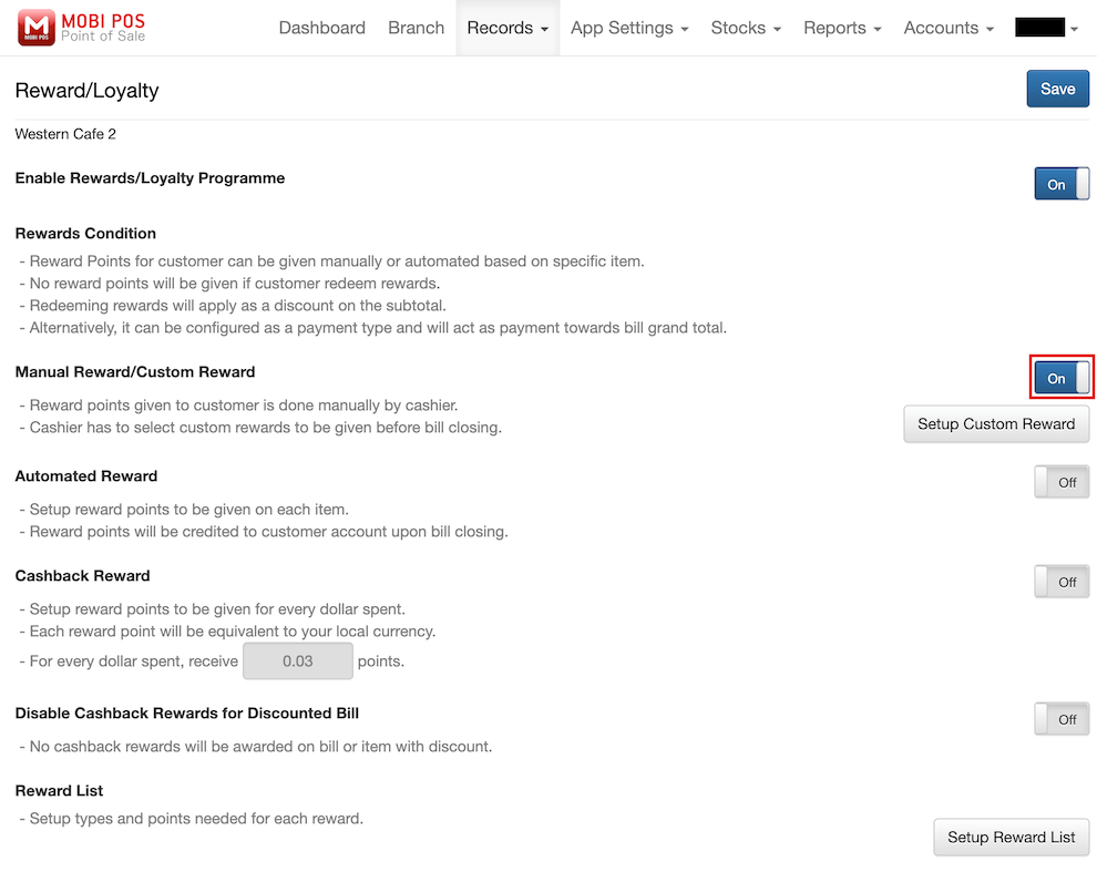 mobi-pos manual rewards or custom reward