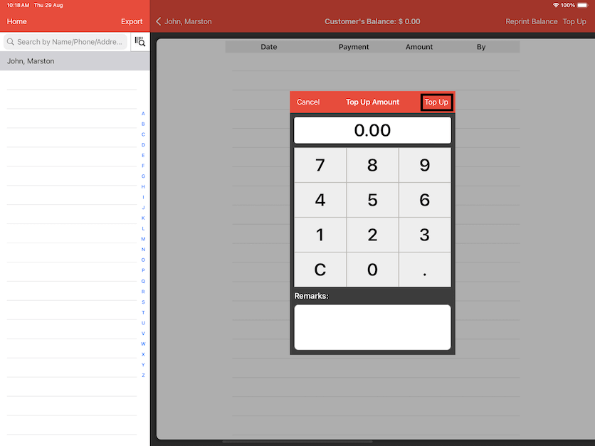 pos system customer top up amount keypad