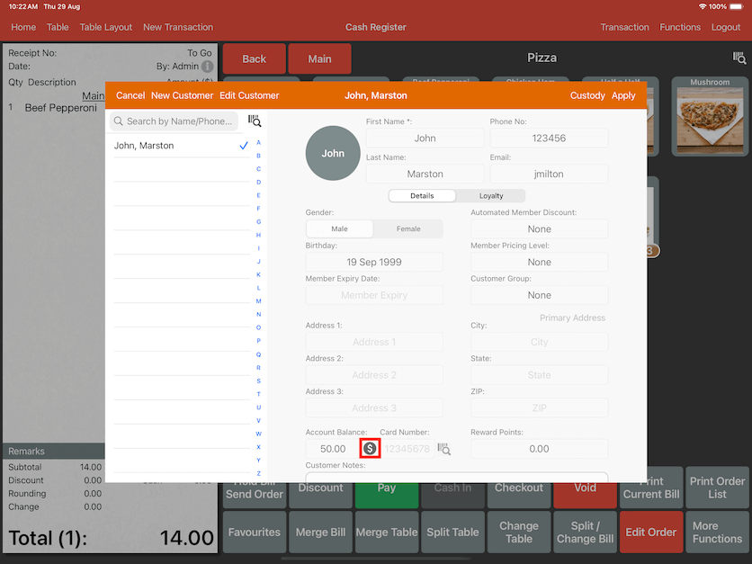 pos system customer top up apply customer account