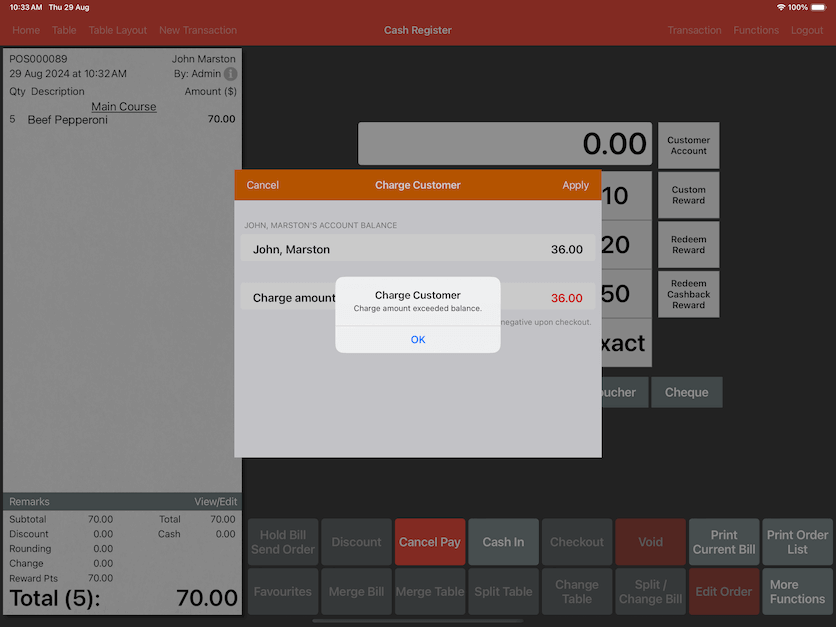 pos system customer top up credit limit exceed