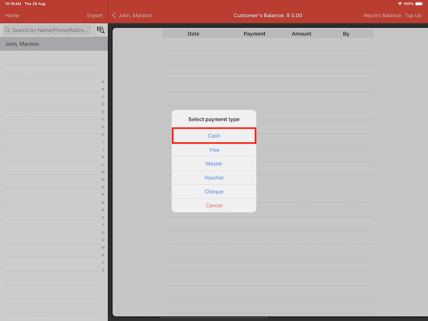 pos system customer top up select payment type