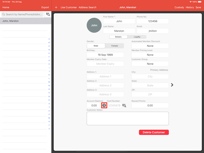 pos system customer top up profile