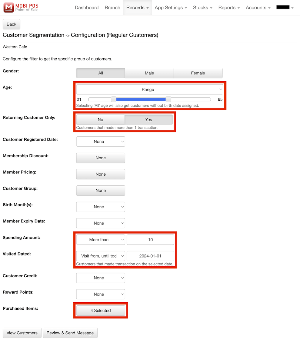 mobi-pos configure customer segmentation