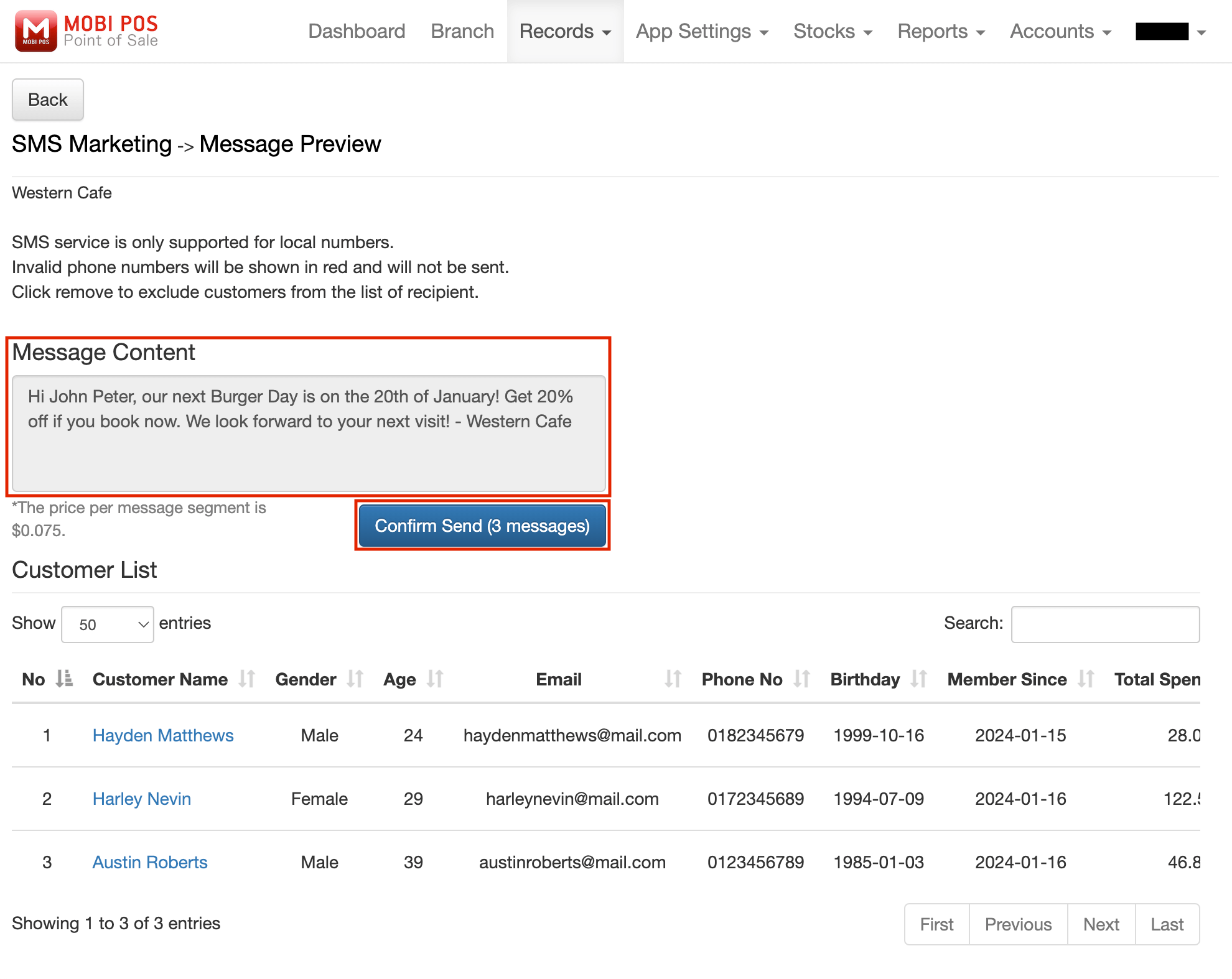 mobi-pos customer segmentation message preview