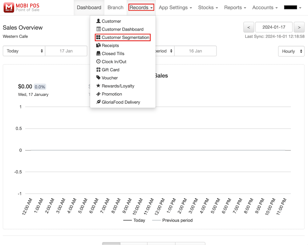 mobi-pos dashboard records drop-down listing